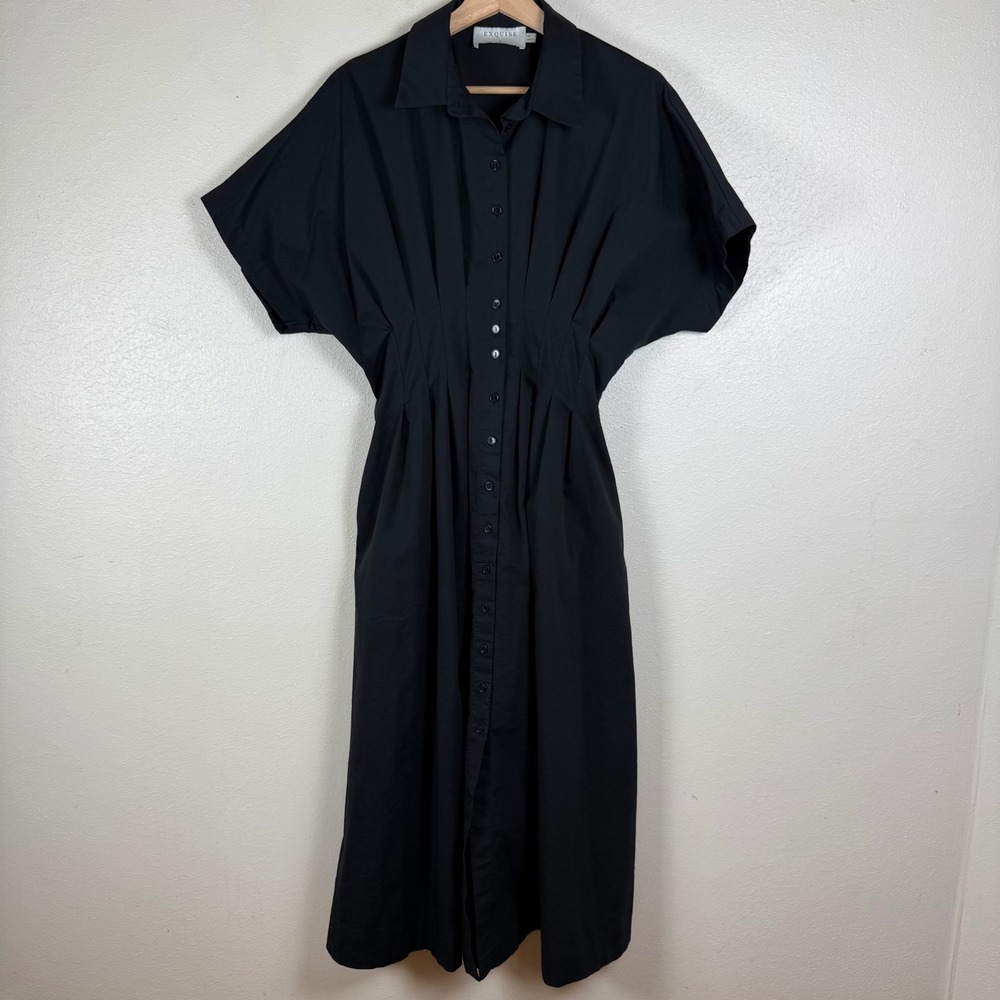 Exquise Tobie Solid Black Pleated Waist Short Sleeve Midi Shirt Dress Medium